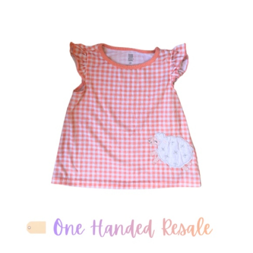 🐑 Carter's Peach Gingham Short Sleeve Pajama Shirt Top Sleepy Lamb Appliqué 4T